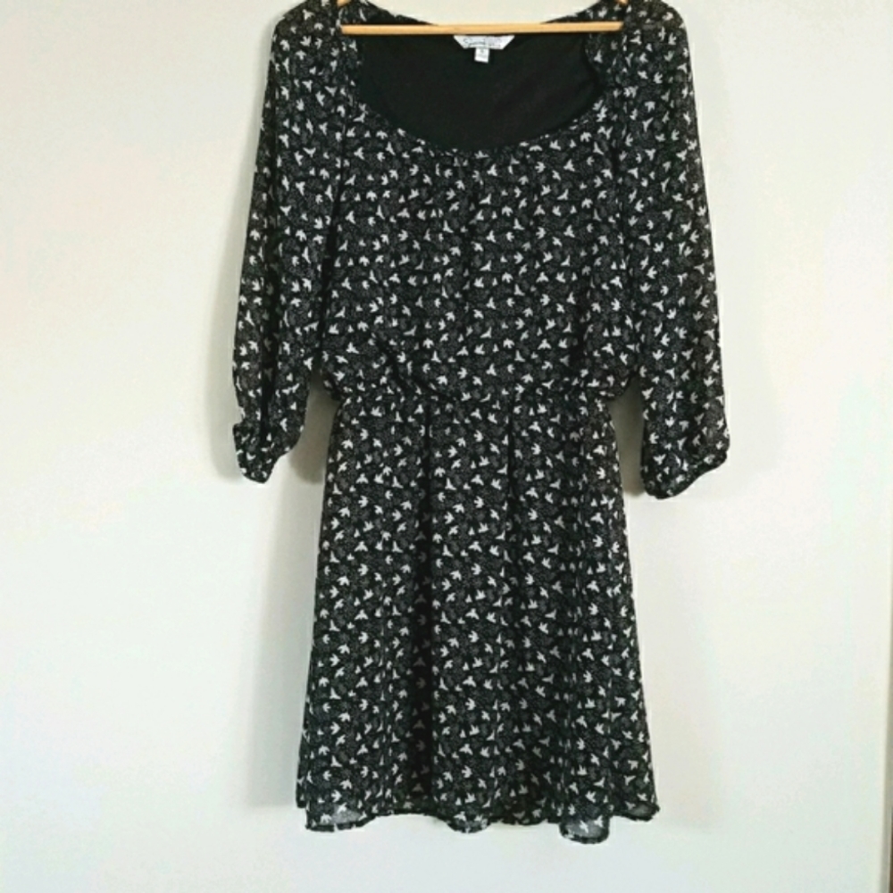 Bird silhouette sheer sleeve lined blouson dress S
